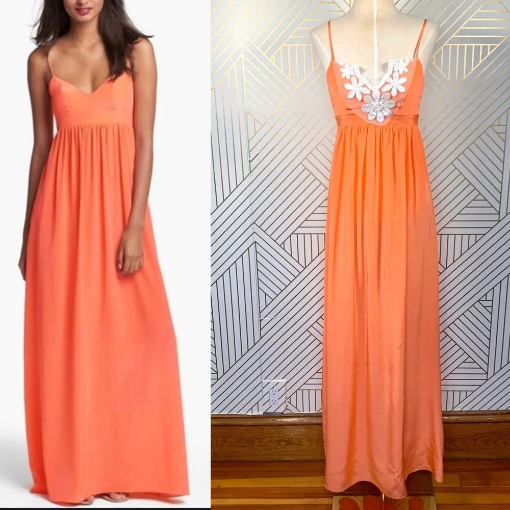 Amanda Uprichard Maxi Dress Sleeveless Embroidered Floral Silk Orange Size XS